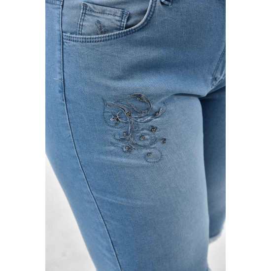Макси дънкови панталонки от еластична материя с бродерия 