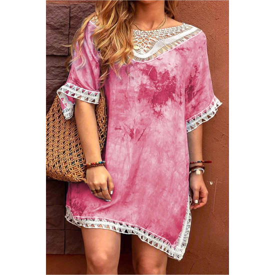 Плажна рокля с плетена бродерия в нежен розов цвят