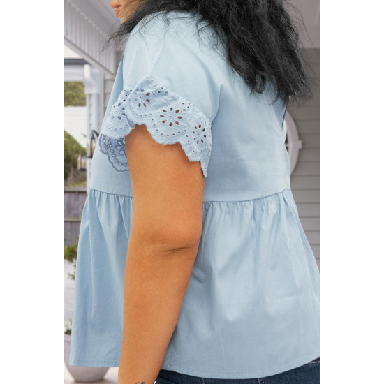 Макси блуза с къс ръкав и набор в пастелно синьо